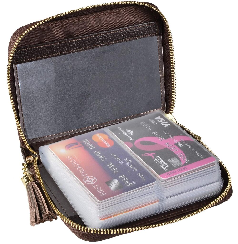 6253 Credit Card Holder Wallet Zip Leather Card Case RFID Blocking Coffee